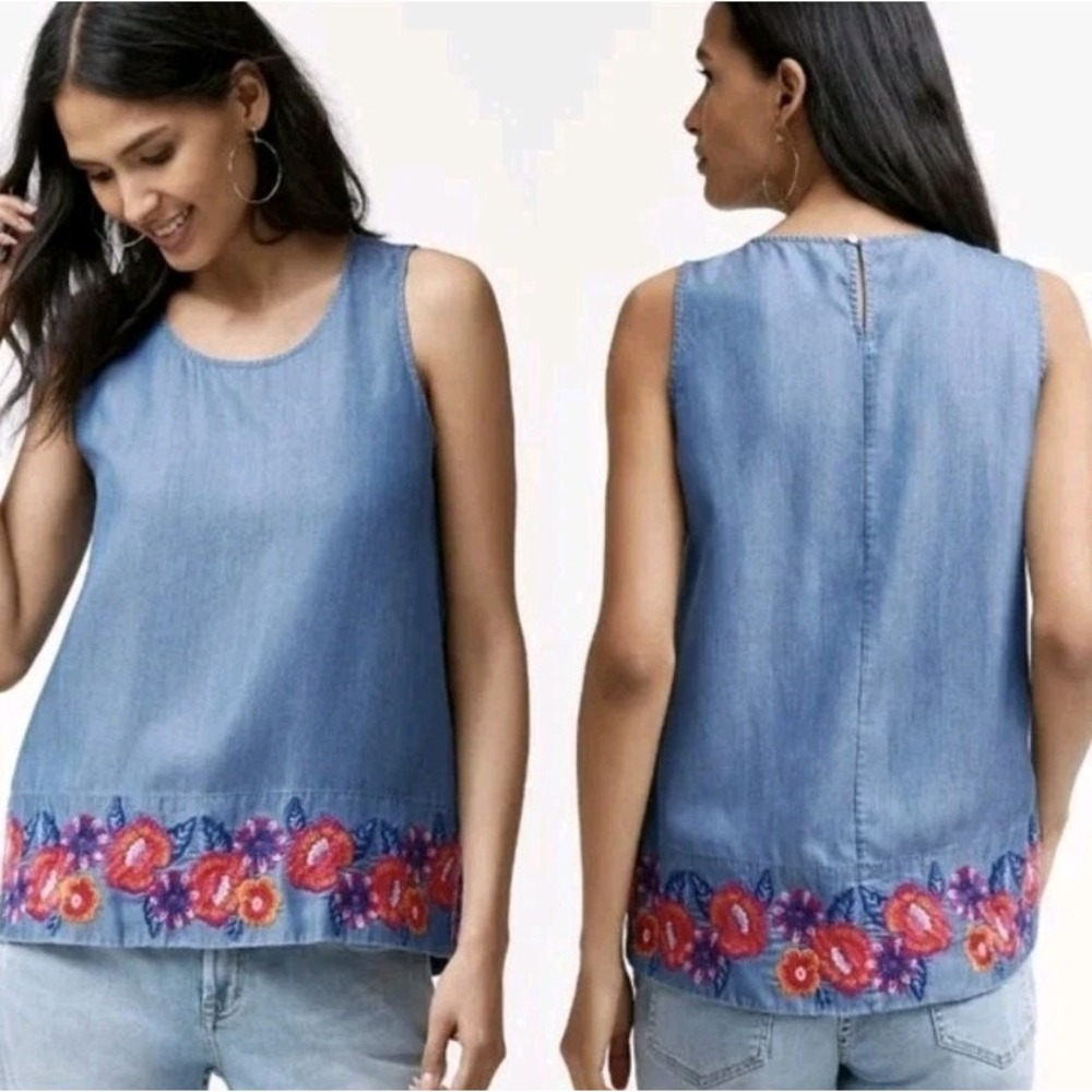 Tommy Bahama Women Blue Chambray Embroidered Hem Tank Top Boho M Blouse Cottage